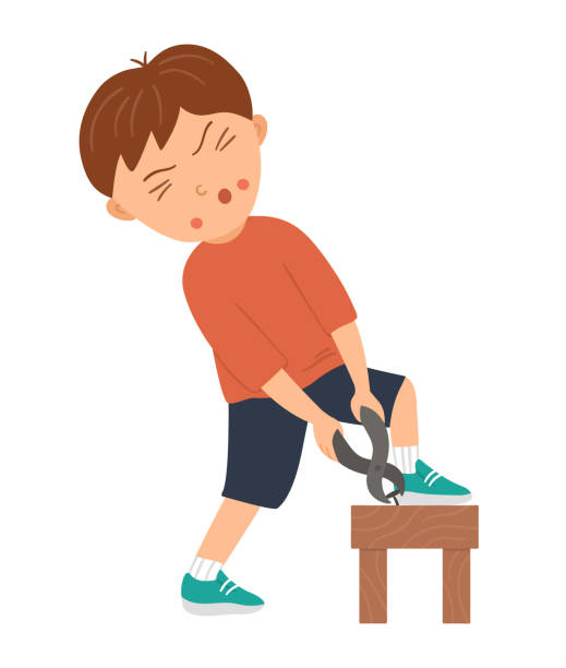 ilustrações de stock, clip art, desenhos animados e ícones de vector working boy. flat funny kid character taking out a nail out of the stool with pliers. craft lesson illustration. concept of a child learning how to work with tools. picture for workshop or masterclass advertisement, pose, - pliers work tool white background craft