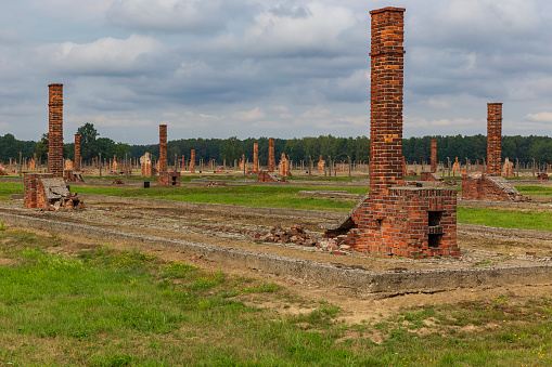 Poland - August 2019: Stoves and barracks in the Auschwitz-Birkenau