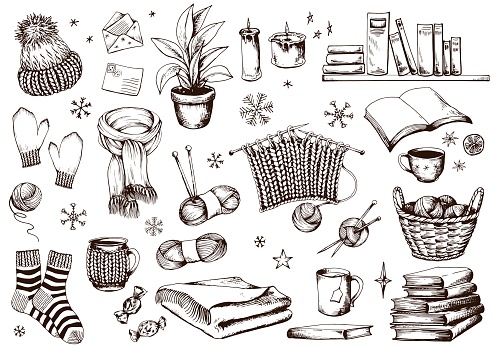 Hygge Home sketch. Collection of knitting accessories, clothes, houseplant and books. Hand drawn vector illustration.