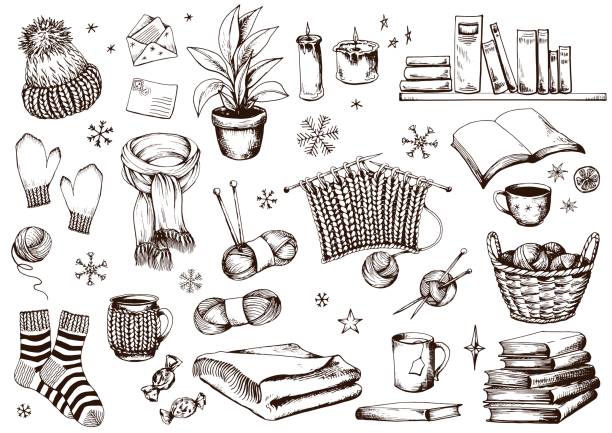 Hygge Home elements Hygge Home sketch. Collection of knitting accessories, clothes, houseplant and books. Hand drawn vector illustration. snowflake shape clipart stock illustrations