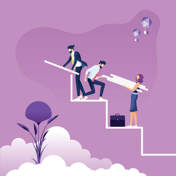 business-team baut eine treppe zum erfolg - teamwork-konzept - conquering adversity progress achievement challenge stock-grafiken, -clipart, -cartoons und -symbole