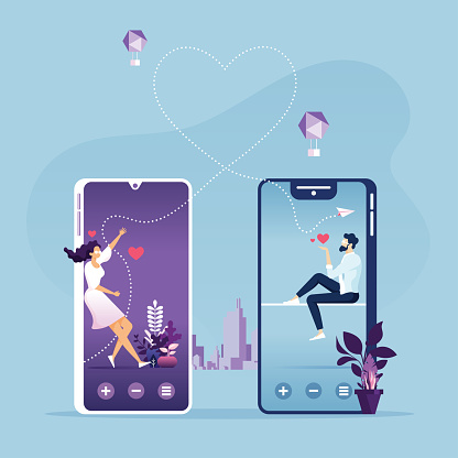 Cute couple with smartphone concept of online dating vector