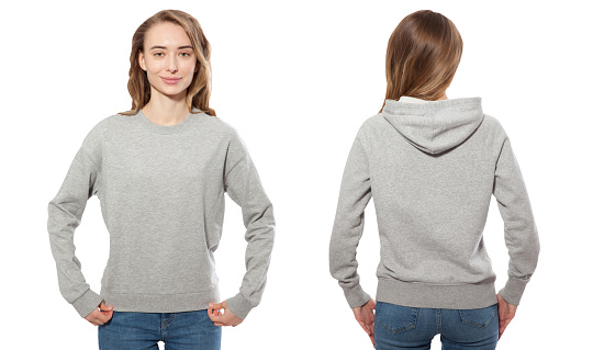 young girl in gray sweatshirt front and rear, gray hoodies, blank isolated on white background. mock up