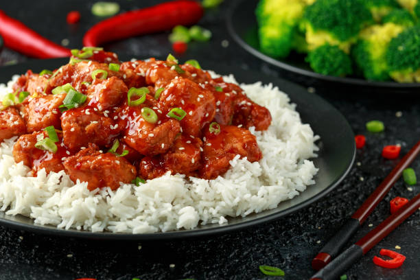 istock Tso's chicken with rice, green onion and broccoli 1177828803