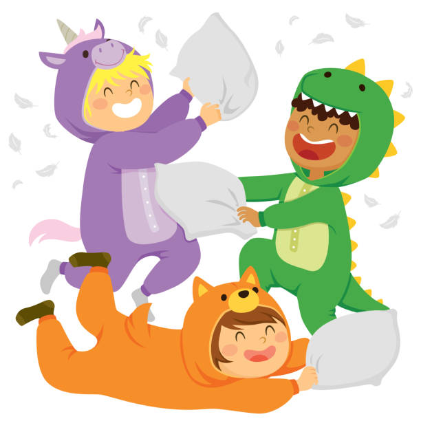 Pillow fight in animal onesies Three kids having a pillow fight while wearing animal onesie jumpsuits in a slumber party. slumber party stock illustrations