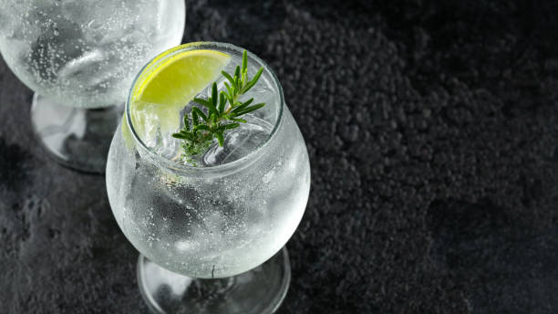 istock Gin and Tonic Alcohol drink with Lime, Rosemary and ice on rustic black table 1177829651