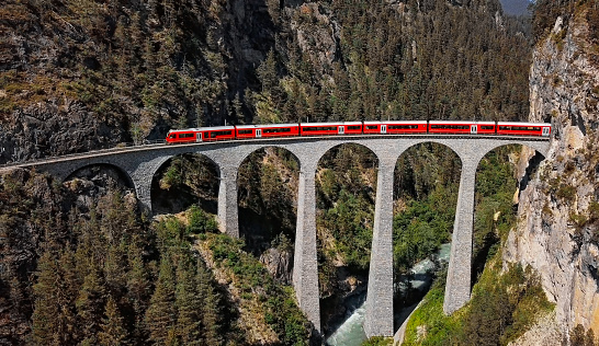 Aerial panorama of train on Landwasser Viaduct, Switzerland