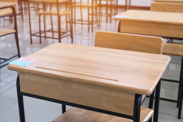 istock School empty classroom or lecture room interior with desks chairs iron wooden without young student and prepareing for test exam or studying lessons of secondary education. Back to school concept 1177835061