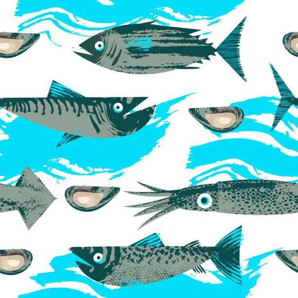 Vector illustration of Seamless pattern. Vector illustration on the theme of marine life. Various fish and shellfish