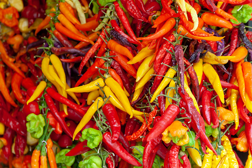A bunch of different colorful chilies nicely arranged on a market to be sold.