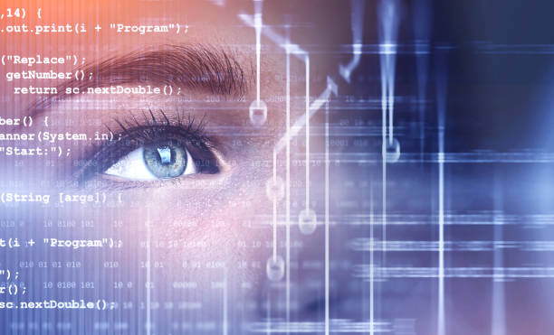 istock Beautiful woman face, lines of code 1177837579