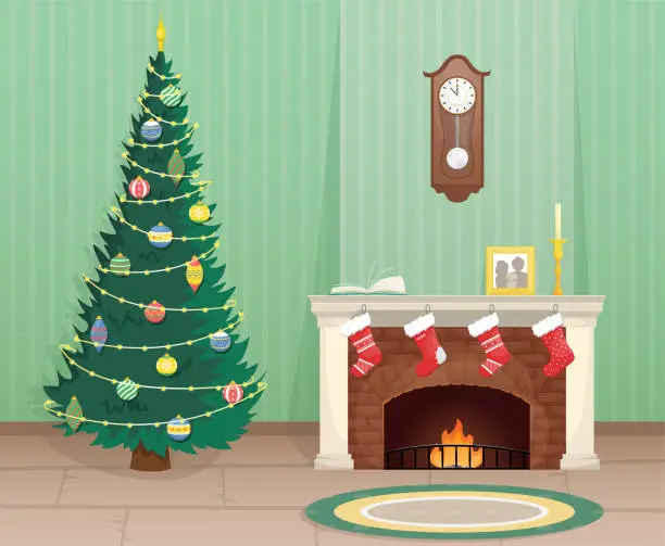 Vector illustration of Living room with Christmas tree and brick fireplace with Christmas socks for gifts. Christmas flat vector illustration.