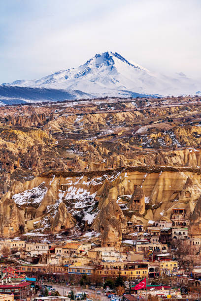 Aerial view of Cappadocia with Mount Erciyes Aerial view of Cappadocia with Mount Erciyes cappadocia winter photos stock pictures, royalty-free photos & images