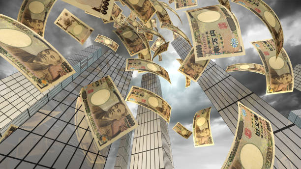yen vliegen in de stad - japanse valuta stockfoto's en -beelden
