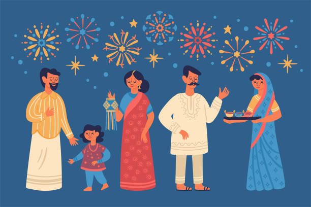Diwali Hindu Festival Greeting Card Design With Cute People Characters  Stock Illustration - Download Image Now - iStock