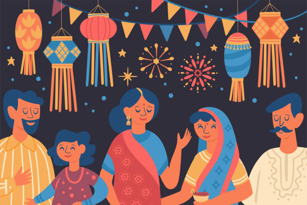 illustrations, cliparts, dessins animés et icônes de diwali hindou festival de conception de carte de voeux avec des personnages de personnes mignonnes. - diwali illustrations