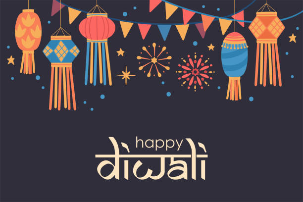 diwali hindu festival niedlichen hintergrund mit traditionellen laternen. - diwali lights stock-grafiken, -clipart, -cartoons und -symbole