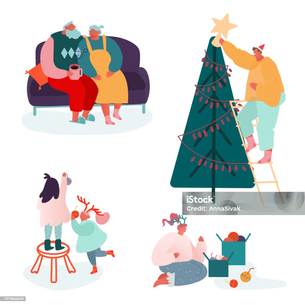 Ilustración de Conjunto De Personajes De Personas Celebrando La Feliz Temporada De Navidad Y El Año Nuevo De Invierno Padres De Familia E Hijos Decorando Árbol De Navidad Cantar Villancicos Empacar Regalos Ilustración de Conjunto De Personajes De Personas Celebrando La Feliz Temporada De Navidad Y El Año Nuevo De Invierno Padres De Familia E Hijos Decorando Árbol De Navidad Cantar Villancicos Empacar Regalos