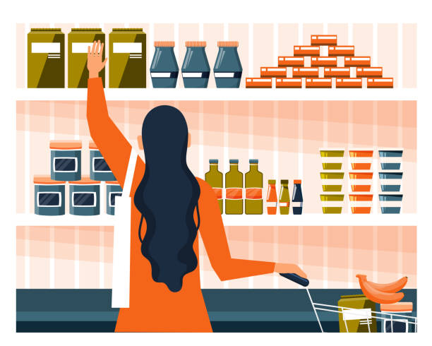 Yong woman doing the grocery shopping Young woman doing the grocery shopping at a supermarket, stretching for an item on a high shelf while pushing a trolley in a daily life concept vector illustration supermarket aisles vector stock illustrations