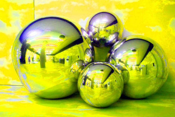 Multi colored and reflective spheres flying in the city. (3d render)
