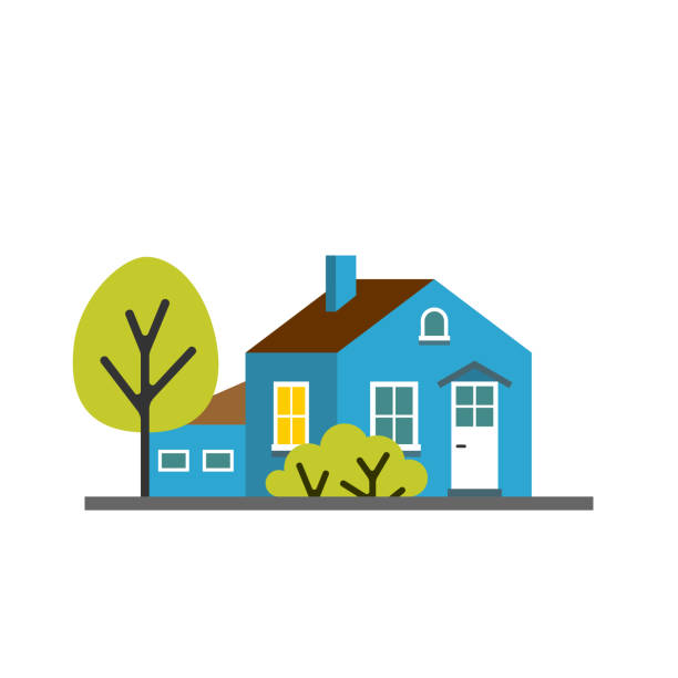 маленький мультяшный синий дом с деревьями, изолированная векторная иллюстрация - village community town house stock illustrations