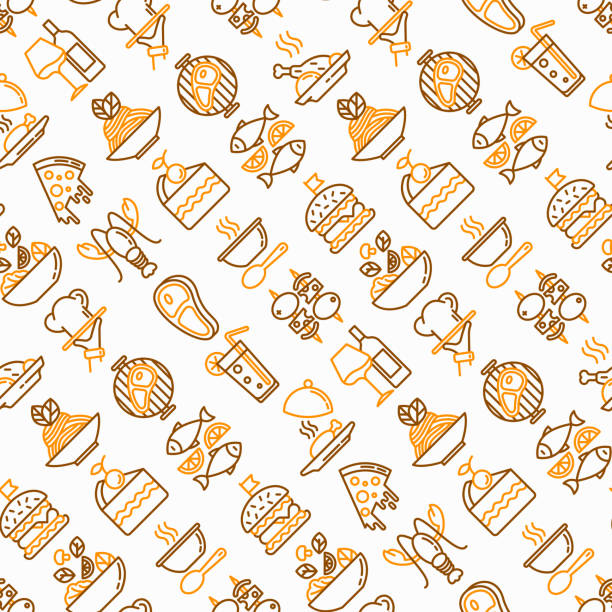 ilustrações de stock, clip art, desenhos animados e ícones de restaurant menu seamless pattern with thin line icons: starters, chef dish, bbq, soup, beef, steak, beverage, fish, salad, pizza, wine, seafood, burger. modern vector illustration. - steak dinner lobster wine