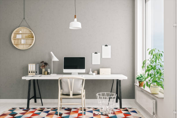 estilo escandinavo modern home office interior - asiento fotos fotografías e imágenes de stock