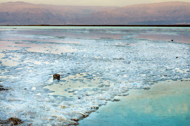 dead sea, is a salt lake bordering jordan to the north, and israel to the west. - travel jordan israel sand imagens e fotografias de stock