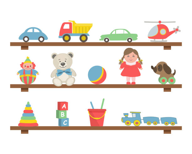illustrazioni stock, clip art, cartoni animati e icone di tendenza di giocattoli sugli scaffali. giocattoli per bambini piccoli - bambola giocattolo