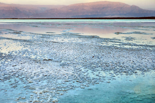 dead sea, is a salt lake bordering jordan to the north, and israel to the west. - travel jordan israel sand imagens e fotografias de stock