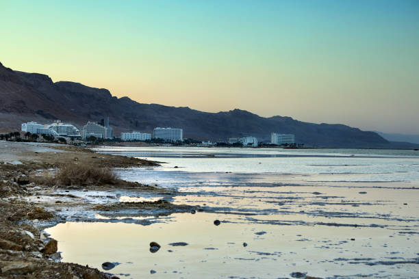 dead sea, is a salt lake bordering jordan to the north, and israel to the west. - travel jordan israel sand imagens e fotografias de stock