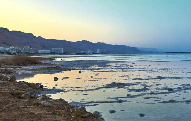 dead sea, is a salt lake bordering jordan to the north, and israel to the west. - travel jordan israel sand imagens e fotografias de stock