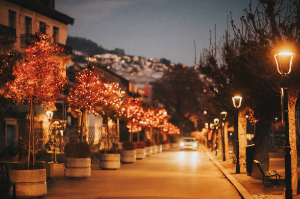 Night alley with Christmas lights on the trees