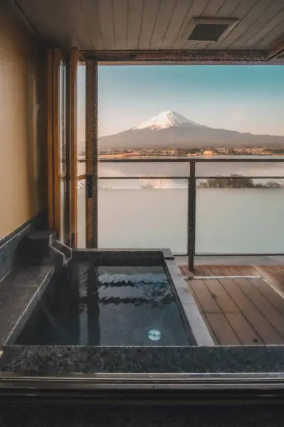 hot bath Japanese onsen in Traditional ryokan resort with beautiful Mt.Fuji view background at Kawaguchiko lake, Yamanashi, Japan