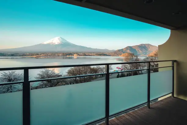 Beautiful Mt.Fuji view at balcony of Traditional ryokan resort at Kawaguchiko lake, Yamanashi, Japan