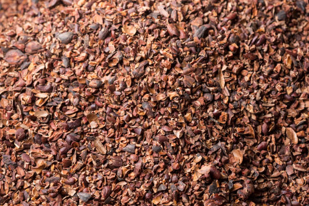 Cocoa husk Crushed cacao nibs (husk) heap, close up. They are used to make cocoa infusion (cocoa "tea"). nib stock pictures, royalty-free photos & images