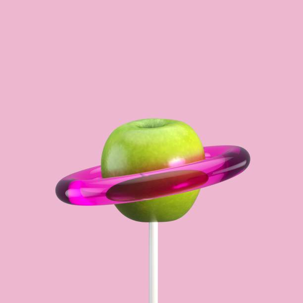 idéia verde do conceito dos doces da fruta de apple no fundo cor-de-rosa. idéia mínima da fruta. 3d rendem. - rose pink bright simply - fotografias e filmes do acervo
