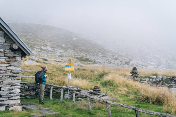 istock Hiker leaves cabin in mountain meadow 1177854021