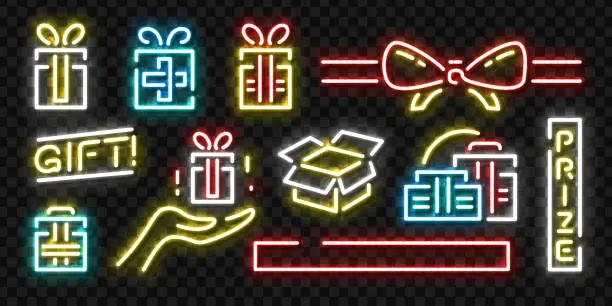 Vector illustration of Vector set of realistic isolated neon sign of Gift logo for template decoration and invitation covering on the transparent background. Concept of Christmas present, bonus or reward.