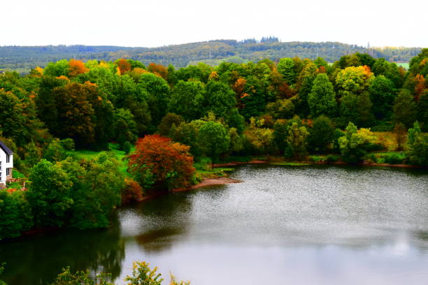 lago caldera ulmener maar en otoño - eifel fotografías e imágenes de stock