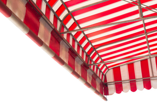 istock red and white striped awning isolate on white background. shading canvas with steel structure of shop. exterior decoration. 1177855494
