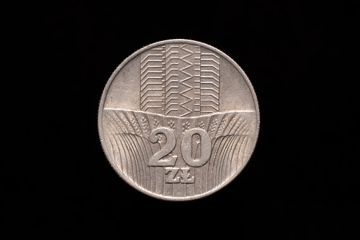 Polish People's Republic, Polska Rzeczpospolita Ludowa old 20 zloty, 20zl coin from 1976, reverse. Isolated on black background