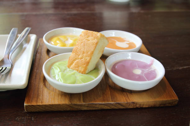 Grill Toast with Pandan custard.On wood Background.
