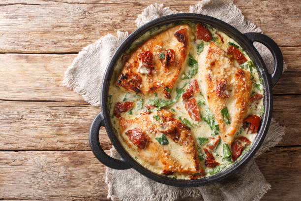 istock Main course baked chicken with sun-dried tomatoes and spinach in cheese sauce close-up in a pan. Horizontal top view 1177863501