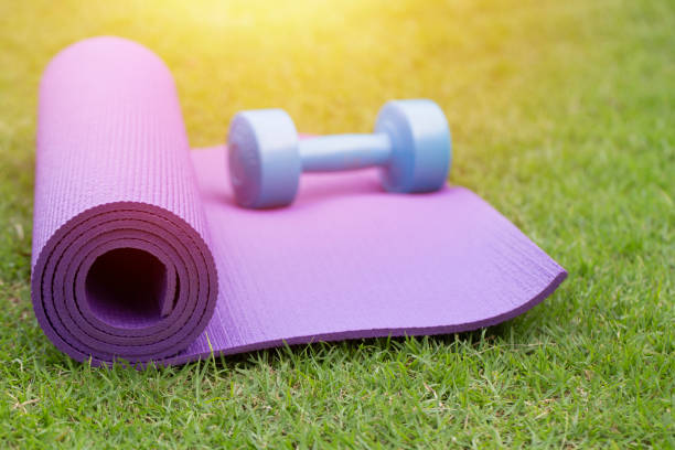 istock purple yoga mat and blue dumbbell 1177865302
