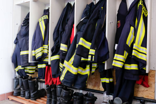 istock Fire department clothing in the locker room 1177866556