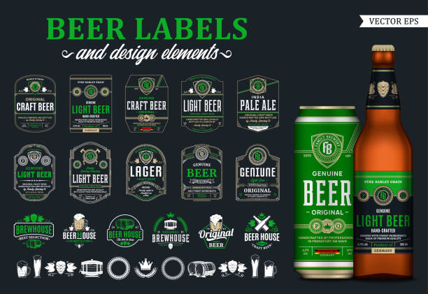 Vector beer labels, badges, icons and design elements Vector beer labels and design elements. Realistic glass bottle and aluminum can mockup. Brewing company branding and identity icons, badges, insignia and design elements label stock illustrations
