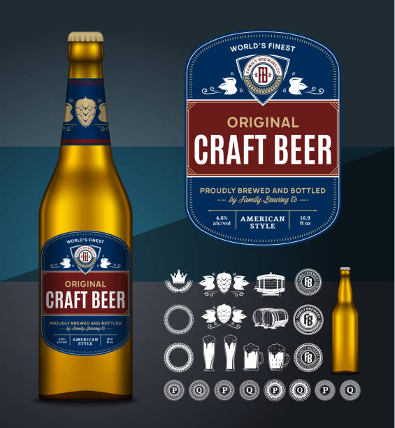 Vector beer label. Glass bottle mockup. Beer icons, badges, insignia Vector light beer label. Realistic glass bottle mockup. Brewing company branding and identity icons, badges, insignia and design elements red crown logo stock illustrations