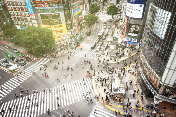 Shibuya Crossing in Tokyo Tokyo - Japan, Japan, Asia, Shibuya Ward, Aerial View shibuya district stock pictures, royalty-free photos & images