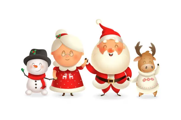 Vector illustration of Santa Claus with family celebrate holidays - Moose, Snowman and Mrs Claus - vector illustration isolated on transparent background